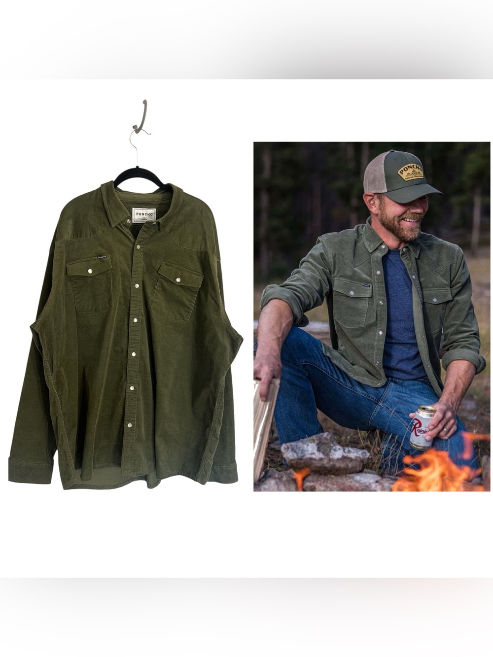 Poncho The Silker western snap button broken in corduroy shirt olive green 3XL